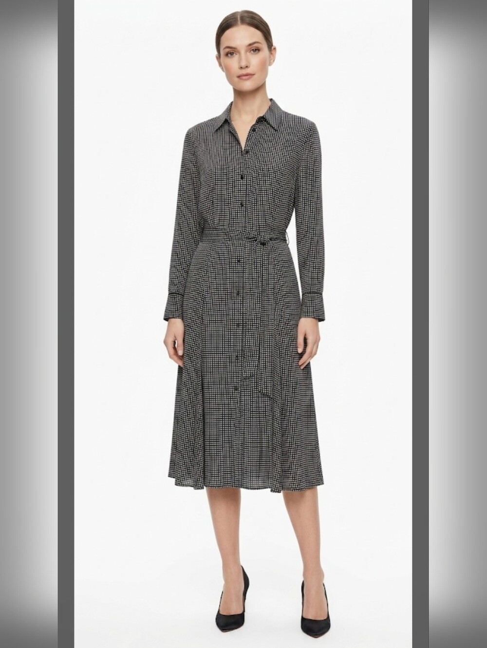 Equipment Black and White Patterned Long Sleeve Dress, Size 6